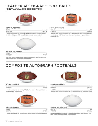 32 AUTOGRAPH FOOTBALLS
GST®
AUTOGRAPH
STOCK NO. SIZE
WTF1176X OFFICIAL
3 smooth white panels for signing • GST® Replica panel • All composite leather
WILSON®
AUTOGRAPH
STOCK NO. SIZE
WTF1225V OFFICIAL
Four white panels for signatures • Added pebbles to one panel for extra grip
when signing • Only available as customized ball
WILSON®
AUTOGRAPH
STOCK NO. SIZE
WTF1173X OFFICIAL
Four white panels for signatures • Added pebbles to one panel for extra grip
when signing • Only available as customized ball
NFL®
AUTOGRAPH
STOCK NO. SIZE
WTF1192X OFFICIAL
3 smooth white panels for signing • NFL® Replica panel • All composite leather •
Not available for customization
NCAA®
AUTOGRAPH
STOCK NO. SIZE
WTF1025V OFFICIAL
3 smooth white panels for signing • NCAA® Replica panel • Full grain leather
NCAA® branded panel • ACL Laces • Only available as customized ball
NCAA®
AUTOGRAPH
STOCK NO. SIZE
WTF1196X OFFICIAL
WTF1696 MINI
3 smooth white panels for signing • NCAA® Replica panel • All composite leather
LEATHER AUTOGRAPH FOOTBALLS
(ONLY AVAILABLE DECORATED)
COMPOSITE AUTOGRAPH FOOTBALLS
GST®
AUTOGRAPH
STOCK NO. SIZE
WTF1023V OFFICIAL
3 smooth white panels for signing • GST® Replica panel • Full grain leather NFL®
branded panel • ACL® Laces • Sewn-In composite stripes • Only available as
customized ball
 