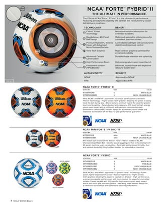 FIG. A
PINK OPTIC GREEN
OPTIC ORANGE
4 NCAA® MATCH BALLS
NCAA®
FORTE™ FYBRID™ II
STOCK NO. SIZE COLOR
WTE9906XB 5 WHITE/BLUE
WTE9906XB85 5 NEON ORANGE/BLUE
FIFA,® NCAA® and NFHS® approved • 20-unique panels constructed with
FYbrid™ Technology • Highly visible, tech-graphics allowing the player to easily
track the ball during play • Micro-texture, premium hybrid-PU cover for greater
touch and durability • Panels backed with Japanese G10 foam for high-energy
return upon impact with a soft touch and precision controlled strikes •
Elastomeric-carbon (HPE) bladder design for a balanced, round shape and
explosive acceleration off the foot • 2-year performance guarantee
NCAA®
FORTE™ FYBRID™
STOCK NO. SIZE COLOR
WTH9905XB 5 WHITE/BLUE
WTH9905XB30 5 PINK/BLUE
WTH9905XB61 5 OPTIC GREEN/BLUE
WTH9905XB82 5 NEON ORANGE/BLUE
FIFA,® NCAA® and NFHS® approved • 32-panel FYbrid™ Technology • Fused
panel, hybrid expert construction • Improved sphericity • Highly visible,
tech-graphics allowing the player to easily track the ball • High-performance,
premium composite leather cover with micro-texture for powerful, controlled
strikes • Panels backed with G10 foam for high-energy return upon impact
with a soft touch and precision control • Hex-wing, latex bladder design for
a balanced, round shape with consistent rebound performance
NCAA®
MINI FORTE™ FYBRID™ II
STOCK NO. SIZE COLOR
WTE9901XB MINI WHITE/BLUE
WTE9901XB85 MINI NEON ORANGE/BLUE
Mini match ball version of the Wilson® Forte™ FYbrid™ II Official NCAA®
Championships Match Ball • Ideal for soccer juggling and foot skills development •
20-panel, machine sewn construction • Synthetic leather cover for softer feel
and optimal durability • Butyl rubber bladder for extended air retention
NCAA®
FORTE™ FYBRID™ II
THE ULTIMATE IN PERFORMANCE.
The Official NCAA® Forte™ FYbrid™ II is the ultimate in performance.
Featuring aerodynamic stability and control, this revolutionary soccer
ball delivers greatness.
TECHNOLOGY BENEFIT
FYbrid™ Fused Minimized moisture absorption for
Technology extended durability
Revolutionary 20-Panel Optimized geometric striking zones for
Ball Design controlled, precision strikes
Premium Hybrid-PU Material Controllable ball flight with aerodynamic
Cover with Advanced stability and improved control
Micro-Textured Surface
Vivid Tech Graphics High-contrast graphics optimized for
enhanced visibility
Advanced Carcass Durable shape retention and sphericity
Construction
High Performance Foam High-energy return upon impact launch
Elastomeric-carbon Balanced, round shape with explosive
(HPE) Bladder rebound acceleration
AUTHENTICITY BENEFIT
NCAA® Approved by NCAA®
FIFA® Approved by FIFA®
 