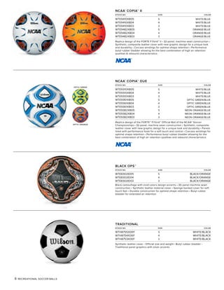 OPTIC GREEN
OPTIC ORANGE
6 RECREATIONAL SOCCER BALLS
NCAA®
COPIA™ DUE
STOCK NO. SIZE COLOR
WTE9310XB05 5 WHITE/BLUE
WTE9310XB04 4 WHITE/BLUE
WTE9310XB03 3 WHITE/BLUE
WTE9361XB05 5 OPTIC GREEN/BLUE
WTE9361XB04 4 OPTIC GREEN/BLUE
WTE9361XB03 3 OPTIC GREEN/BLUE
WTE9382XB05 5 NEON ORANGE/BLUE
WTE9382XB04 4 NEON ORANGE/BLUE
WTE9382XB03 3 NEON ORANGE/BLUE
Replica design of the FORTE™ FYbrid™ Official Ball of the NCAA® Soccer
Championships • 32-panel, machine sewn construction • Synthetic, composite
leather cover with new graphic design for a unique look and durability • Panels
lined with performance foam for a soft touch and control • Carcass windings for
optimal shape retention • Performance butyl rubber bladder allowing for the
best combination of high air retention qualities and rebound characteristics
BLACK OPS™
STOCK NO. SIZE COLOR
WTE8302ID05 5 BLACK/ORANGE
WTE8302ID04 4 BLACK/ORANGE
WTE8302ID03 3 BLACK/ORANGE
Black camouflage with vivid colors design accents • 30-panel machine sewn
construction • Synthetic leather material cover • Sponge backed cover for soft
touch feel • Durable construction for optimal shape retention • Butyl rubber
bladder for extended air retention
TRADITIONAL
STOCK NO. SIZE COLOR
WTH8755XDEF 5 WHITE/BLACK
WTH8754XDEF 4 WHITE/BLACK
WTH8753XDEF 3 WHITE/BLACK
Synthetic leather cover • Official size and weight • Butyl rubber bladder •
Traditional panel graphics with silver accents
NCAA®
COPIA™ II
STOCK NO. SIZE COLOR
WTE9410XB05 5 WHITE/BLUE
WTE9410XB04 4 WHITE/BLUE
WTE9410XB03 3 WHITE/BLUE
WTE9482XB05 5 ORANGE/BLUE
WTE9482XB04 4 ORANGE/BLUE
WTE9482XB03 3 ORANGE/BLUE
Replica design of the FORTE FYbrid™ II • 32-panel, machine sewn construction •
Synthetic, composite leather cover with new graphic design for a unique look
and durability • Carcass windings for optimal shape retention • Performance
butyl rubber bladder allowing for the best combination of high air retention
qualities & rebound characteristics
 