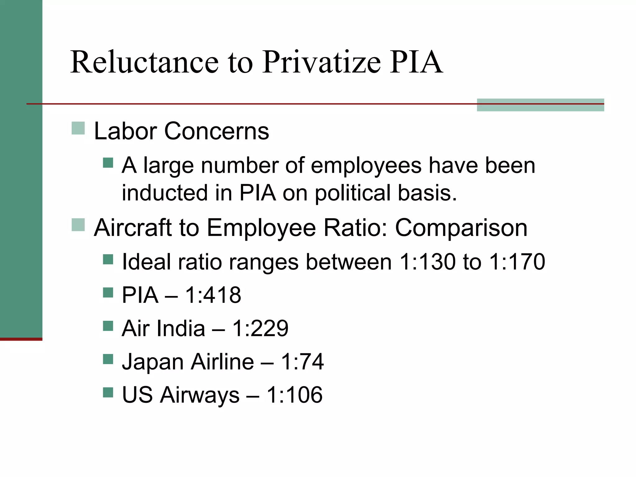 Reluctance to Privatize PIA
 Labor Concerns
 A large number of employees have been
inducted in PIA on political basis.
 Aircraft to Employee Ratio: Comparison
 Ideal ratio ranges between 1:130 to 1:170
 PIA – 1:418
 Air India – 1:229
 Japan Airline – 1:74
 US Airways – 1:106
 