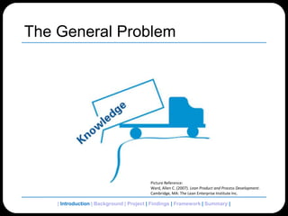 The General ProblemPicture Reference:Ward, Allen C. (2007). LeanProduct and Process Development.  Cambridge, MA: The Lean Enterprise Institute Inc.  | Introduction | Background | Project | Findings | Framework | Summary | 