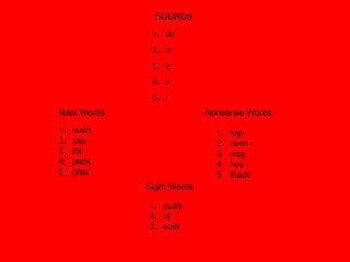 SOUNDS

              1. ch
              2. u
              3. z
              4. v
              5. i
Real Words                 Nonsense Words

1.   hush                    1.   rop
2.   zap                     2.   nesh
3.   jot                     3.   wog
4.   peck                    4.   hez
5.   chat                    5.   thack
             Sight Words

             1. push
             2. of
             3. both
 