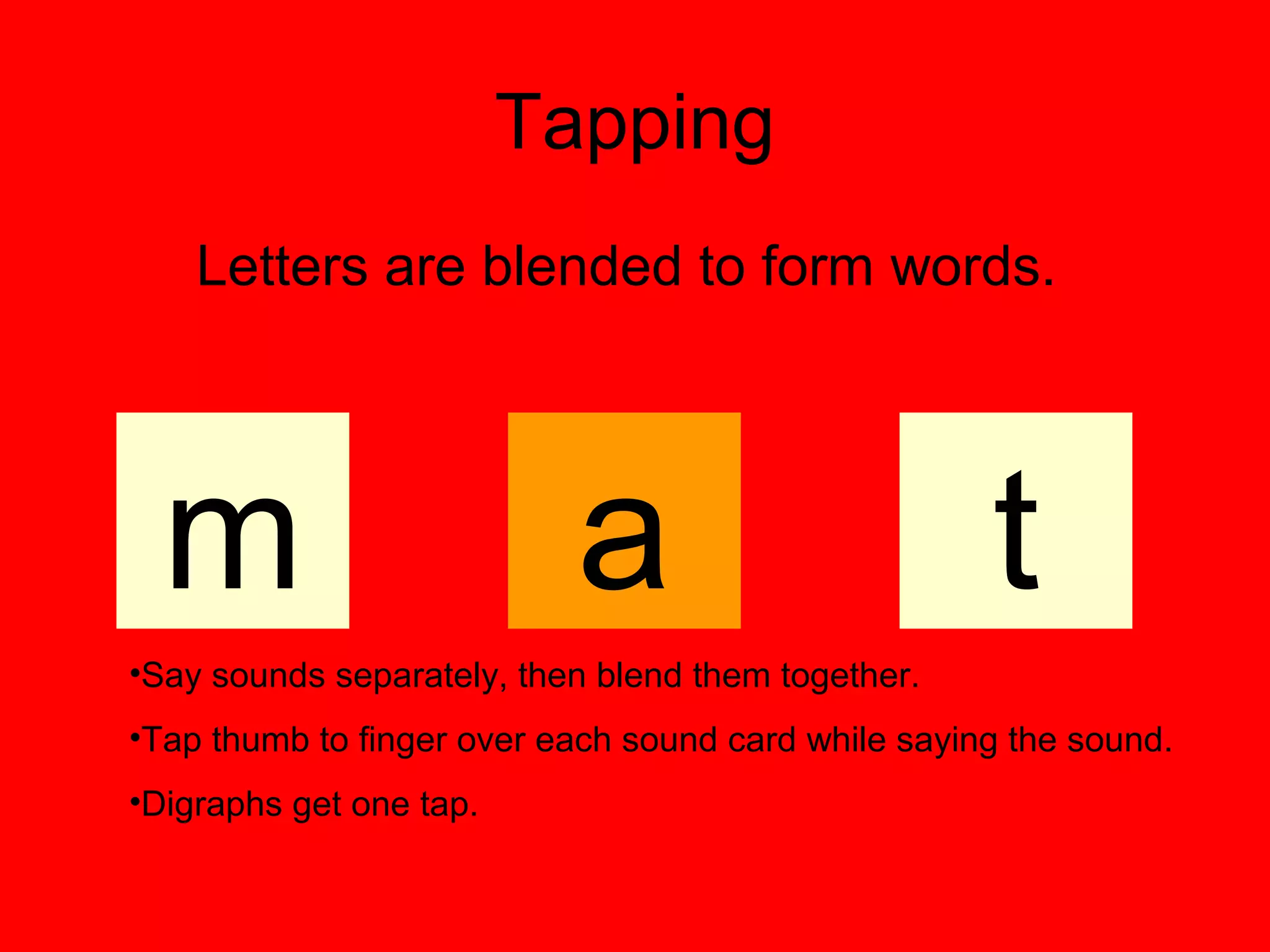 Tapping
    Letters are blended to form words.




  m                        a                         t
•Say sounds separately, then blend them together.
•Tap thumb to finger over each sound card while saying the sound.
•Digraphs get one tap.
 