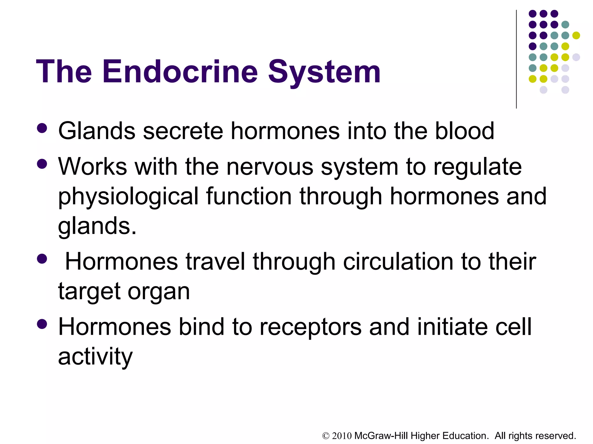 © 2010 McGraw-Hill Higher Education. All rights reserved.
The Endocrine System
 Glands secrete hormones into the blood
 Works with the nervous system to regulate
physiological function through hormones and
glands.
 Hormones travel through circulation to their
target organ
 Hormones bind to receptors and initiate cell
activity
 