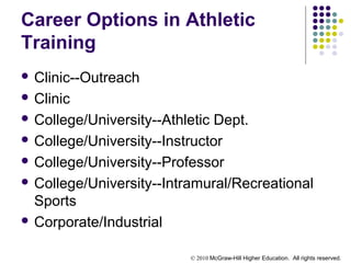 © 2010 McGraw-Hill Higher Education. All rights reserved.
Career Options in Athletic
Training
 Clinic--Outreach
 Clinic
 College/University--Athletic Dept.
 College/University--Instructor
 College/University--Professor
 College/University--Intramural/Recreational
Sports
 Corporate/Industrial
 