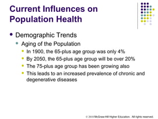 © 2010 McGraw-Hill Higher Education. All rights reserved.
Current Influences on
Population Health
 Demographic Trends
 Aging of the Population
 In 1900, the 65-plus age group was only 4%
 By 2050, the 65-plus age group will be over 20%
 The 75-plus age group has been growing also
 This leads to an increased prevalence of chronic and
degenerative diseases
 