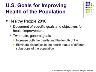 © 2010 McGraw-Hill Higher Education. All rights reserved.
U.S. Goals for Improving
Health of the Population
 Healthy People 2010
 Document of specific goals and objectives for
health improvement
 Two main, general goals
 Increase both the quality and the length of life
 Eliminate disparities in the health status of different
subgroups of the population
 