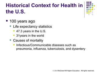 © 2010 McGraw-Hill Higher Education. All rights reserved.
Historical Context for Health in
the U.S.
 100 years ago
 Life expectancy statistics
 47.3 years in the U.S.
 31years in the world
 Causes of mortality
 Infectious/Communicable diseases such as
pneumonia, influenza, tuberculosis, and dysentery
 