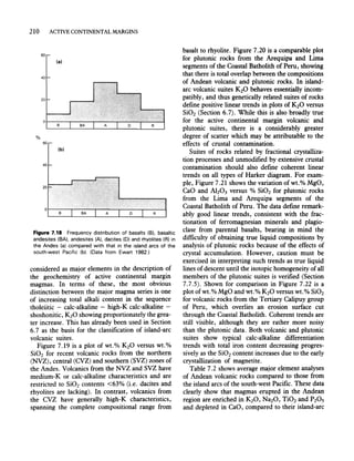 210 ACTIVE CONTINENTAL MARGINS
60
{al
40
20
Or-~B--~----'-----'---~-'--R--~
%
60
(bl
40
20
Or-----,-----,-----,------.----4
8 R
Figure 7.18 Frequency distribution of basalts (B). basaltic
andesites (BA), andesites (A). dacites (D) and rhyolites (R) in
the Andes (a) compared with that in the island arcs of the
south-west Pacific (b) (Data from Ewart 1982.)
considered as major elements in the description of
the geochemistry of active continental margin
magmas. In terms of these, the most obvious
distinction between the major magma series is one
of increasing total alkali content in the sequence
tholeiitic - calc-alkaline - high-K calc-alkaline -
shoshonitic, K20 showing proportionately the grea-
ter increase. This has already been used in Section
6.7 as the basis for the classification of island-arc
volcanic suites.
Figure 7.19 is a plot of wt. % K20 versus wt. %
Si02 for recent volcanic rocks from the northern
(NVZ), central (CVZ) and southern (SVZ) zones of
the Andes. Volcanics from the NVZ and SVZ have
medium-K or calc-alkaline characteristics and are
restricted to Si02 contents <63% (i.e. dacites and
rhyolites are lacking). In contrast, volcanics from
the CVZ have generally high-K characteristics,
spanning the complete compositional range from
basalt to rhyolite. Figure 7.20 is a comparable plot
for plutonic rocks from the Arequipa and Lima
segments of the Coastal Batholith of Peru, showing
that there is total overlap between the compositions
of Andean volcanic and plutonic rocks. In island-
arc volcanic suites K20 behaves essentially incom-
patibly, and thus genetically related suites of rocks
define positive linear trends in plots of K20 versus
Si02 (Section 6.7). While this is also broadly true
for the active continental margin volcanic and
plutonic suites, there is a considerably greater
degree of scatter which may be attributable to the
effects of crustal contamination.
Suites of rocks related by fractional crystalliza-
tion processes and unmodified by extensive crustal
contamination should also define coherent linear
trends on all types of Harker diagram. For exam-
ple, Figure 7.21 shows the variation ofwt.% MgO,
CaO and Alz03 versus % Si02 for plutonic rocks
from the Lima and Arequipa segments of the
Coastal Batholith of Peru. The data define remark-
ably good linear trends, consistent with the frac-
tionation of ferromagnesian minerals and plagio-
clase from parental basalts, bearing in mind the
difficulty of obtaining true liquid compositions by
analysis of plutonic rocks because of the effects of
crystal accumulation. However, caution must be
exercised in interpreting such trends as true liquid
lines of descent until the isotopic homogeneity of all
members of the plutonic suites is verified (Section
7.7.5). Shown for comparison in Figure 7.22 is a
plot of wt. % MgO and wt.% K20 versus wt.% Si02
for volcanic rocks from the Tertiary Calipuy group
of Peru, which overlies an erosion surface cut
through the Coastal Batholith. Coherent trends are
still visible, although they are rather more noisy
than the plutonic data. Both volcanic and plutonic
suites show typical calc-alkaline differentiation
trends with total iron content decreasing progres-
sively as the Si02content increases due to the early
crystallization of magnetite.
Table 7.2 shows average major element analyses
of Andean volcanic rocks compared to those from
the island arcs of the south-west Pacific. These data
clearly show that magmas erupted in the Andean
region are enriched in K20, Na20, Ti02and P20S
and depleted in CaO, compared to their island-arc
 