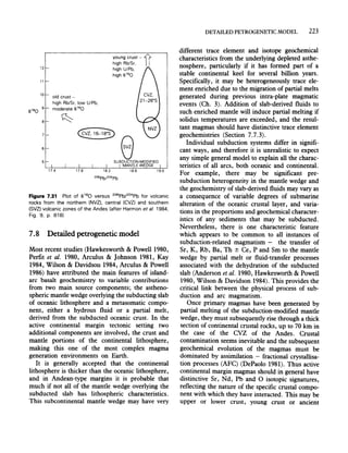 12
11
10
8
6
old crust-
high Rb/Sr. low U/Pb.
moderate !)'BO
young crust - {;>
high Rb/Sr. Ii
high U/Pb.
high !)'BO
@.16--1
!V
8
SUBDUCTION-MODIFIED
MANTLE WEDGE
186 19.0
Figure 7.31 Plot of &'80 versus 206PbP04Pb for volcanic
rocks from the northem (NVZ). central (CVZ) and southem
(SVZ) volcanic zones of the Andes (after Harmon et al. 1984.
Fig. 9. p. 818)
7.8 Detailed petrogenetic model
Most recent studies (Hawkesworth & Powell 1980,
Perfit et al. 1980, Arculus & Johnson 1981, Kay
1984, Wilson & Davidson 1984, Arculus & Powell
1986) have attributed the main features of island-
arc basalt geochemistry to variable contributions
from two main source components; the astheno-
spheric mantle wedge overlying the subducting slab
of oceanic lithosphere and a metasomatic compo-
nent, either a hydrous fluid or a partial melt,
derived from the subducted oceanic crust. In the
active continental margin tectonic setting two
additional components are involved, the crust and
mantle portions of the continental lithosphere,
making this one of the most complex magma
generation environments on Earth.
It is generally accepted that the continental
lithosphere is thicker than the oceanic lithosphere,
and in Andean-type margins it is probable that
much if not all of the mantle wedge overlying the
subducted slab has lithospheric characteristics.
This subcontinental mantle wedge may have very
DETAILED PETROGENETIC MODEL 223
different trace element and isotope geochemical
characteristics from the underlying depleted asthe-
nosphere, particularly if it has formed part of a
stable continental keel for several billion years.
Specifically, it may be heterogeneously trace ele-
ment enriched due to the migration of partial melts
generated during previous intra-plate magmatic
events (Ch. 3). Addition of slab-derived fluids to
such enriched mantle will induce partial melting if
solidus temperatures are exceeded, and the resul-
tant magmas should have distinctive trace element
geochemistries (Section 7.7.3).
Individual subduction systems differ in signifi-
cant ways, and therefore it is unrealistic to expect
any simple general model to explain all the charac-
teristics of all arcs, both oceanic and continental.
For example, there may be significant pre-
subduction heterogeneity in the mantle wedge and
the geochemistry of slab-derived fluids may vary as
a consequence of variable degrees of submarine
alteration of the oceanic crustal layer, and varia-
tions in the proportions and geochemical character-
istics of any sediments that may be subducted.
Nevertheless, there is one characteristic feature
which appears to be common to all instances of
subduction-related magmatism - the transfer of
Sr, K, Rb, Ba, Th ± Ce, P and Sm to the mantle
wedge by partial melt or fluid-transfer processes
associated with the dehydration of the subducted
slab (Anderson et al. 1980, Hawkesworth & Powell
1980, Wilson & Davidson 1984). This provides the
critical link between the physical process of sub-
duction and arc magmatism.
Once primary magmas have been generated by
partial melting of the subduction-modified mantle
wedge, they must subsequently rise through a thick
section of continental crustal rocks, up to 70 km in
the case of the CVZ of the Andes. Crustal
contamination seems inevitable and the subsequent
geochemical evolution of the magmas must be
dominated by assimilation - fractional crystallisa-
tion processes (AFC) (DePaolo 1981). Thus active
continental margin magmas should in general have
distinctive Sr, Nd, Pb and 0 isotopic signatures,
reflecting the nature of the specific crustal compo-
nent with which they have interacted. This may be
upper or lower crust, young crust or ancient
 