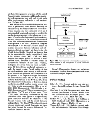 attributed the ignimbrite eruptions of the central
Andes to such a mechanism. Additionally, mantle-
derived magmas may mix with such crustal melts
while simultaneously undergoing crystal fractiona-
tion (DePaolo 1981).
The Andean active continental margin has pro-
vided a particularly useful natural laboratory in
which to study the interaction between subduction-
related magmas and the continental crust, as it
shows marked variations from north to south in the
subduction-zone geometry, the volume and prove-
nance of subducted sediments and in the thickness,
age and composition of the overriding continental
crust. The uniformity of the volcanic front relative
to the position of the Peru-Chile trench along the
whole length of the Andean Cordillera implies an
intimate association between volcanism and sub-
duction, which is most easily attributed to the role
of slab-derived fluids. Chemical and isotopic data
for the most primitive basalts erupted in all three
active volcanic zones (NVZ, CVZ and SVZ)
suggest that magma genesis is initiated as slab-
derived fluids, enriched to variable extents in
incompatible elements of low ionic potential,
radiogenic Sr derived from sea water and radio-
genic Pb derived from subducted· sediments, in-
vade the mantle wedge. Partial melting of this
enriched peridotite source region to different de-
grtes produces the primitive mafic magmas which
are parental to the range of rock types observed in
all these volcanic zones. The Sr, Nd, Pb and 0
isotopic characteristics of the NVZ and SVZ lavas
have been interpreted in terms of derivation from a
subduction-modified enriched mantle source with
very little crustal contamination (Thorpe et al.
1981, 1984; Harmon et al. 1984; Deruelle et al.
1983). In contrast, the CVZ lavas are more evolved,
with higher 87Sr/86Sr and al80 and lower 143NdI
144Nd ratios, indicating contamination by the
continental crust. There appears to be a particularly
good correlation between the chemistry of the
Andean volcanic rocks and the crustal thickness
and age (Table 7.1). Thus CVZ lavas have the most
obvious continental crustal fingerprint as these
have risen through the greatest thickness of Pre-
cambrian basement gneisses.
FURTHER READING 225
active continental
margin magmas
---AI ~
upper crust
lower crust
.0IIII
~
primary magmas
J l
enriched
subcontinental
lithosphere
depleted asthenosphere
",0-"7"rt;"m,,,
sediment + sea water
basalt + sea water
Continental
crust
Metasomatized
mantle wedge
Slab-derivec!
fluids
Subducted
oceanic crust
Figure 7.32 Flow diagram to summarize the source compo-
nents involved in the petrogenesis of active continental
margin magmas.
Figure 7.32 summarizes the processes and source
components involved in the petrogenesis of active
continental margin magmas.
Further reading
Gill, J.B. 1981. Orogenic andesites and plate tec-
tonics. Berlin-Heidelberg; Springer-Verlag, 390
pp.
Moorbath, S. & R.N Thompson (eds) 1984. The
relative contributions of mantle, oceanic crust
and continental crust to magma genesis. Phil
Trans R. Soc. Lond. A310, 437-780.
Pitcher, W.S., M.P. Atherton, E.J. Cobbing &
R.D. Beckinsale (eds) 1985. Magmatism at a
plate edge. Glasgow: Blackie 328 pp.
Thorpe, R.S. (ed.) 1982. Andesites: orogenic ande-
sites and related rocks. Chichester: Wiley 724 pp.
 