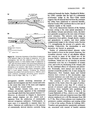 (b) >600km
sea level trench .1 VF
~~~:=~;;~~~~~' I I  . I , ,
- ' I I (, I I I , . 
<.... ,...fI4i ..... ' .~'/ I
....... _...... '--
Key
~ oceanic lithosphere
lT~~ continental lithosphere
VF volcanic front
Figure 7.3 Schematic illustration of the effect of subduction
of an aseismic ridge on the angle of subduction. (a) A fast
convergence rate and the subduction of young oceanic
lithosphere results in a fairly shallow angle of subduction of
-30°. with the active volcanic front occurring at distances of
150-600 km from the trench. (b) Subduction of the thickened
lithosphere of an aseismic ridge results in the direct super-
position of the continental and oceanic lithospheric plates
over a much greater distance. increasing the distance
between the volcanic front and the trench to >600 km. and in
some instances completely eliminating active volcanism.
(After Cross & Pilger 1982. Fig. 1. p. 547)
petrogenetic models involving interaction of
mantle-derived magmas and their crustal wall rocks
to the extent that some of the more acid magmas
may actually be crustal remelts.
Many Andean volcanic rocks carry a trace
element and isotopic signature of the continental
crust through which they have passed (Section 7.7).
However, as discussed in Chapter 6, destructive
plate margin magmas can also inherit such a
signature from the subduction of continentally
derived terrigenous sediments. Unfortunately, in
most cases it is impossible to separate these two
effects. Opinions are conflicting as to the amounts
of continentally derived detritus currently being
INTRODUCTION 195
subducted beneath the Andes. Shepherd & Mober-
ley (1981) consider that the lack of a substantial
accretionary wedge in the Peru-Chile trench
suggests that all material derived from the continent
has either been subducted or removed laterally,
whereas Uyeda (1982) attributes this to a low rate of
sediment supply to the trench.
One of the characteristic features of the Andean
tectonic setting is the close spatial association of
calc-alkaline volcanic and plutonic rocks, the latter
now generally accepted as the root zones of former
active volcanoes. The intrusive rocks range in
composition from gabbro, though diorite, tonalite
and granodiorite to granite, and show similar
compositional ranges to the volcanic rocks (Section
7.7), strengthening the precept of a genetic rela-
tionship. Collectively, the intermediate to acid
intrusives are known as granitoids.
Studies of subduction-related plutonic rocks
have tended to focus on the western Americas, but
crystalline plutonic rocks of calc-alkaline affinity
also outcrop in many of the island arcs of the
western Pacific, Indonesia, the Aleutians and the
Caribbean. Island arcs do not develop on ancient
continental crust but on a foundation of oceanic
crust, and evolve by thickening of the volcanic pile
by the combined effects of volcanism and pluton-
ism. Eventually, more mature arcs develop con-
tinental crustal-like profiles (Ch. 6) and, during the
Phanerozoic, New Zealand, Japan and Central
America have evolved to this intermediate stage
between immature arcs with thin crust and active
continental margins with Precambrian basements.
The cessation of active volcanism in those
segments of the Andes where the angle of subduc-
tion has decreased to less than 10° is related to
periods of extensive uplift and erosion, revealing
enormous linear batholith belts paralleling the
continental margin. The largest of these is the
Coastal Batholith of Peru, which is over 1600 km
long and 60 km wide and comprises more than 1000
plutons emplaced over a 60 Ma timespan from 100
to 37 Ma. Most of these plutons were emplaced by
permissive cauldon subsidence and stoping within
3-4 km of the surface (Pitcher & Cobbing 1985).
Tonalites and granodiorites (granitoids) predomin-
ate, associated with swarms of basaltic andesite
 