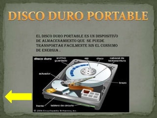 EL DISCO DURO PORTABLE ES UN DISPOSITIVO
DE ALMACENAMIENTO QUE SE PUEDE
TRANSPORTAR FACILMENTE SIN EL CONSUMO
DE ENERGIA .
 