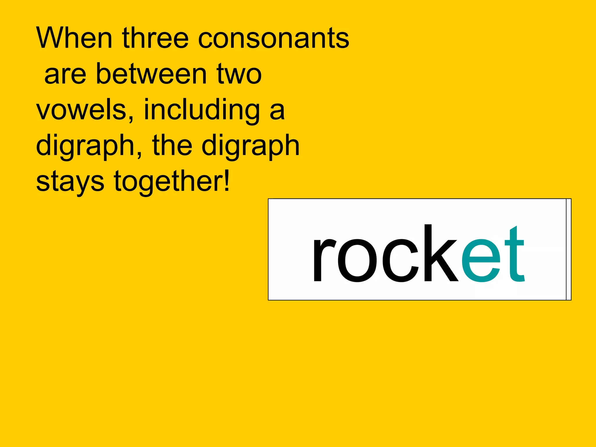 When three consonants
 are between two
vowels, including a
digraph, the digraph
stays together!


                nutshell
                bathtub
                 rocket
 