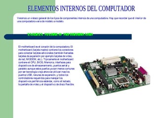 Veremos un vistazo general de los tipos de componentes internos de una computadora. Hay que recordar que el interior de
una computadora varia de modelo a modelo.

T
ARJ T M
E A ADRE O M H RB
OT E OAR
D
El motherboard es el corazón de la computadora. El
motherboard (tarjeta madre) contiene los conectores
para conectar tarjetas adicionales (también llamadas
tarjetas de expansión por ejemplo tarjetas de video,
de red, MODEM, etc.). Típicamente el motherboard
contiene el CPU, BIOS, Memoria, interfaces para
dispositivos de almacenamiento, puertos serial y
paralelo aunque estos puertos ya son menos comunes
por ser tecnología vieja ahora se utilizan mas los
puertos USB, ranuras de expansión, y todos los
controladores requeridos para manejar los
dispositivos periféricos estándar, como el teclado,
la pantalla de video y el dispositivo de disco flexible.

 