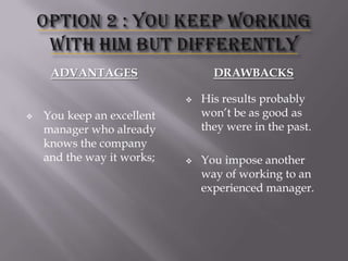 ADVANTAGES

DRAWBACKS




You keep an excellent
manager who already
knows the company
and the way it works;



His results probably
won’t be as good as
they were in the past.
You impose another
way of working to an
experienced manager.

 