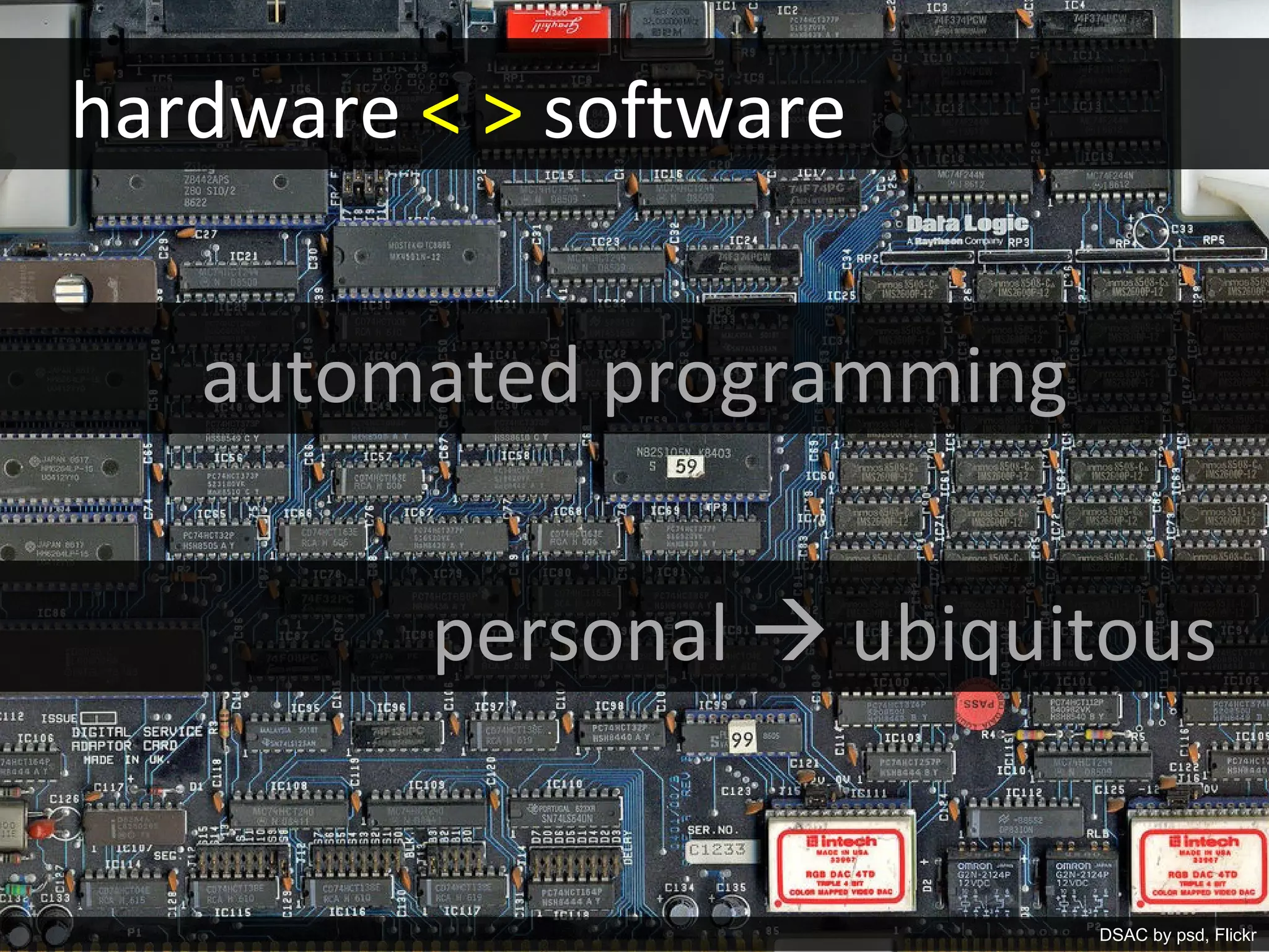 hardware < > software


   automated programming


         personal  ubiquitous


            Matthew W. Wilson, PhD            6
                                     DSAC by psd, Flickr
 