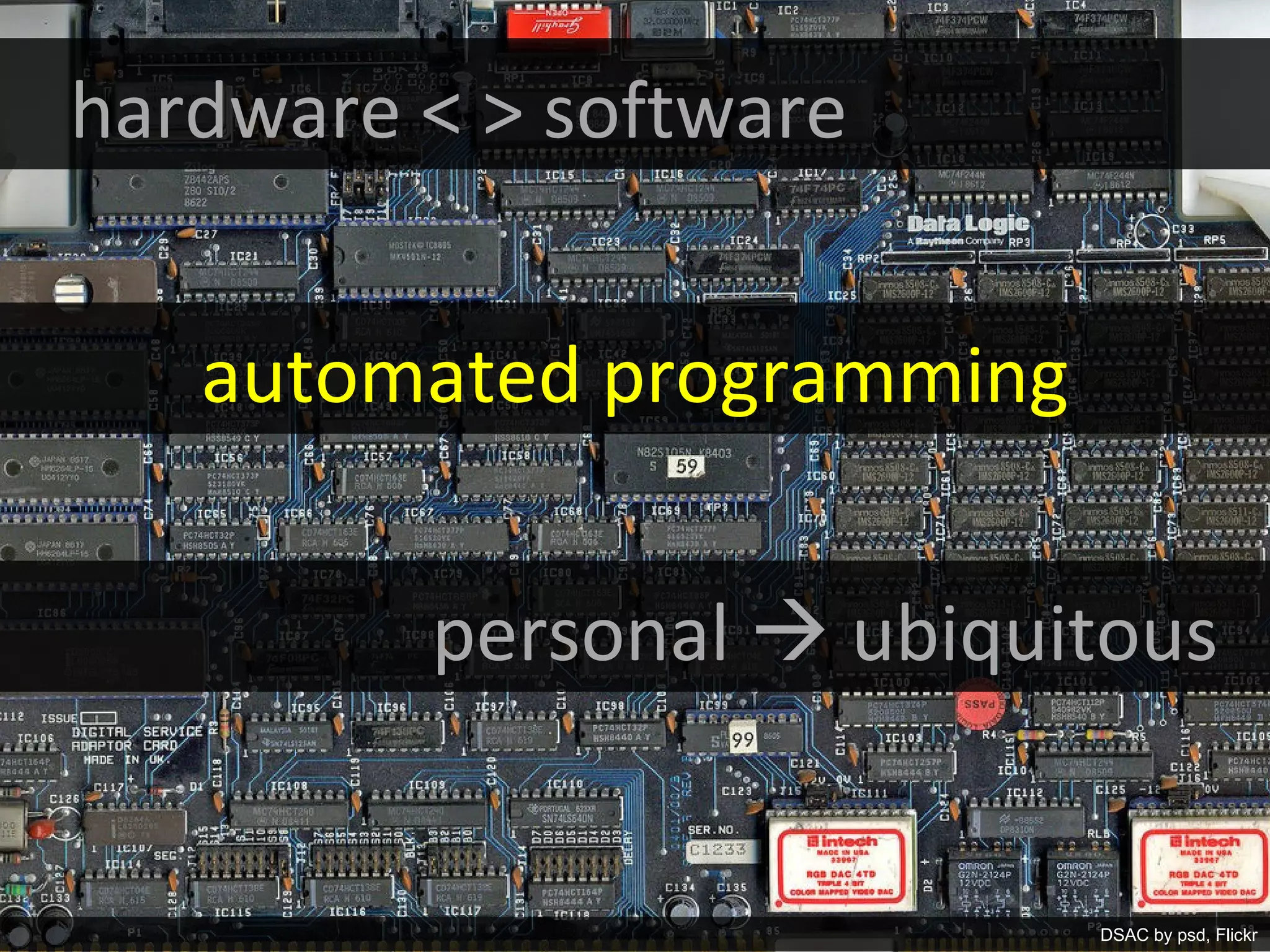 hardware < > software


   automated programming


         personal  ubiquitous


            Matthew W. Wilson, PhD            7
                                     DSAC by psd, Flickr
 