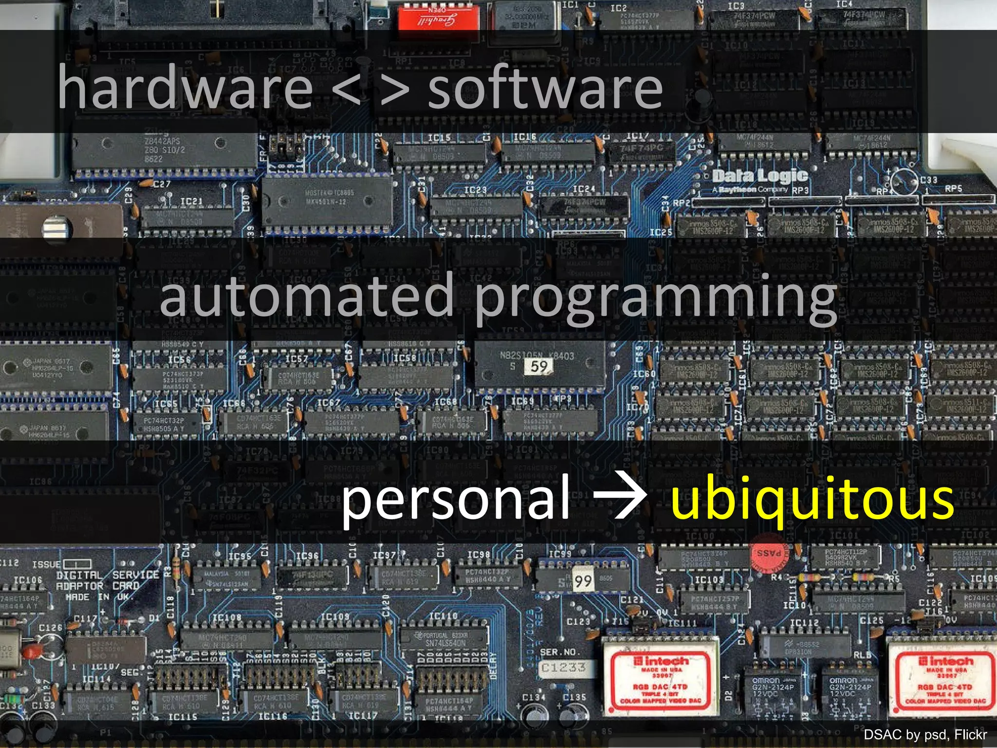 hardware < > software


   automated programming


         personal  ubiquitous


            Matthew W. Wilson, PhD            8
                                     DSAC by psd, Flickr
 