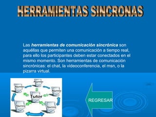 Las herramientas de comunicación sincrónica son
aquéllas que permiten una comunicación a tiempo real,
para ello los participantes deben estar conectados en el
mismo momento. Son herramientas de comunicación
sincrónicas: el chat, la videoconferencia, el msn, o la
pizarra virtual.
REGRESAR
 