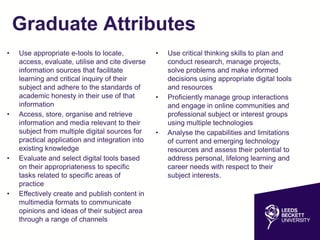 Graduate Attributes
• Use appropriate e-tools to locate,
access, evaluate, utilise and cite diverse
information sources that facilitate
learning and critical inquiry of their
subject and adhere to the standards of
academic honesty in their use of that
information
• Access, store, organise and retrieve
information and media relevant to their
subject from multiple digital sources for
practical application and integration into
existing knowledge
• Evaluate and select digital tools based
on their appropriateness to specific
tasks related to specific areas of
practice
• Effectively create and publish content in
multimedia formats to communicate
opinions and ideas of their subject area
through a range of channels
• Use critical thinking skills to plan and
conduct research, manage projects,
solve problems and make informed
decisions using appropriate digital tools
and resources
• Proficiently manage group interactions
and engage in online communities and
professional subject or interest groups
using multiple technologies
• Analyse the capabilities and limitations
of current and emerging technology
resources and assess their potential to
address personal, lifelong learning and
career needs with respect to their
subject interests.
