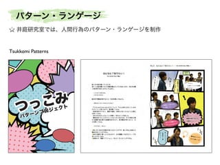 つっこみ
つっこみ
パターンプロジェクト
パターンプロジェクト
パターン・ランゲージ
井庭研究室では、人間行為のパターン・ランゲージを制作
Tsukkomi Patterns
 