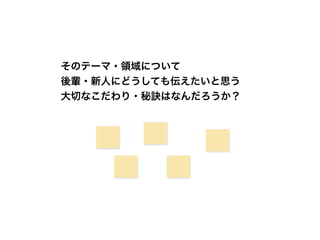S
A
Pattern Writing Sheet
井庭 崇（Takashi Iba）作の「Pattern Writing Sheet」は、クリエイティブ・コモンズ 表示 - 非営利 - 継承
4.0 国際 ライセンスの下に提供されています。ライセンスについての詳細は、http://creativecommons.jp/
licenses/ をご参照ください。営利利用をご希望の方は、メールにて事前のご相談をお願いします。なお、
非営利の活用・実践事例もぜひご報告いただければと思います。【連絡先】contact@creativeshift.jp
Ver.0.90
Takashi Iba, 2014
Subject 1
何の分野・行為における「いきいきとした質」
を実現するためのパターンを書きたいのか？
そ
言
イメージで捉える。
その分野・行為
において、とて
も大切だと思う
こと、こだわり、
秘訣は何だ
ろうか？
with Instructions
そのテーマ・領域について
後輩・新人にどうしても伝えたいと思う
大切なこだわり・秘訣はなんだろうか？
 