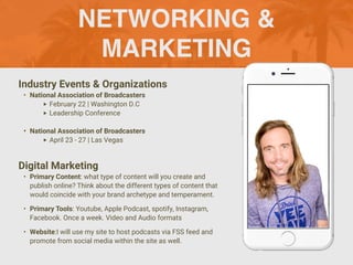 NETWORKING &
MARKETING
Industry Events & Organizations
• National Association of Broadcasters
‣ February 22 | Washington D.C
‣ Leadership Conference
• National Association of Broadcasters
‣ April 23 - 27 | Las Vegas
Digital Marketing
• Primary Content: what type of content will you create and
publish online? Think about the different types of content that
would coincide with your brand archetype and temperament.
• Primary Tools: Youtube, Apple Podcast, spotify, Instagram,
Facebook. Once a week. Video and Audio formats
• Website:I will use my site to host podcasts via FSS feed and
promote from social media within the site as well.
 