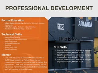 PROFESSIONAL DEVELOPMENT
Mentor
• I will seek the advice of Michael Madden Founder of
BMM, May professors at Fullsail University and
connections I make during my time here at FullSail. The
experience e I seek from individuals is industry and life
experience. Partnerships have already been established
and I will continue to establish more.
Formal Education
• Indiana Wesleyan University - Bachelor of Science in Business
Management
• Full Sail University - Bachelors in SportsCasting
• Broadcasters Mentoring Group - Graduate
Technical Skills
• Apparel Manufacturing
• Brand Marketing and Awareness
• Audio Engineering
• Business Management
• Coaching
• Sports Radio Host
• Digital Production
Soft Skills
• Specific task to address a technical skill gap -
organization name, MONTH YEAR
• Specific task to address a technical skill gap -
organization name, MONTH YEAR
• Specific task to address a technical skill gap -
organization name, MONTH YEAR
 