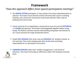 Framework
“How this approach differs from typical participative meetings”
 The WHOLE SYSTEM participates. A cross-section of as many interested parties as
practical. That means more diversity and less hierarchy than usual in a working
meeting, and a chance for each person to be heard and learn other ways of
looking at the task at hand.
 Future scenarios for an organization, community or issue are put into HISTORICAL
and GLOBAL perspectives. That means thinking globally together before acting
locally. This feature enhances shared understanding and greater commitment to
act. It also increases the range of potential actions.
 People SELF-MANAGE their work, and use DIALOGUE not “problem solving” as
the main tool. That means helping each other do the tasks and taking
responsibility for our perceptions and actions.
 COMMON GROUND rather than “conflict management”, is the frame of
reference. That means honoring our differences rather than having to reconcile
them.
10

 