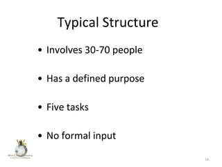 Typical Structure
• Involves 30-70 people
• Has a defined purpose
• Five tasks

• No formal input
16

 