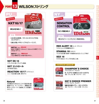 POINT 13           WILSON ス リング
                                ト                                                                POINT

                                                                                                 01
                                                                                                 POINT

                                                                                                 02
     PU                                        NY
               ポリウレタン                                   ナイロン
               ファ リー
                 ミ                                      ファ リー
                                                          ミ
                                                                                                 POINT
               FAMILY                                   FAMILY
                                                                                                 03
               デル                                       デル
      お 勧 めモ                                   お 勧 めモ
                                                                                                 POINT


                                           が
                                                                                                 04
                                       デル名
                                   ここにモ ります。
       NXT16/17                    書いてあ
                                                 SENSATION                                       POINT

                                                                                                 05
                                                 CONTROL                                         POINT

             柔らかさ NO.1                                                                           06
                                                  スピン性能 NO.1                                     POINT

                                                                                                 07
             特徴
                                                    特徴
                                                                                                 POINT

                                                                                                 08
             ● あらゆるお客様、ラケットにオススメできる
                                                   柔らかなフィーリングとスピン性能を両立。
             　ロングセラー。                                                                            POINT

                                                                                                 09
             ● 誰もが扱いやすいソフトなフィーリング。
                                                                                                 POINT


                                                RED ALERT 16（レッド・アラート）                           10
              NXT16 1.28mm 柔らかさ                 ウイルソ レ ドの特徴的なカラー
                                                    ン ッ                                          POINT
         ゲ    他社で定番の 1.25mmと1.30mm の中間でバラン
         ー                                                                                       11
              スのよいゲージ。
         ジ                                      STAMINA 16（スタミナ）                                 POINT
              NXT17 1.24mm 弾きのよさ                マイルドな打感で身体への負担をおさえたいジュニア向け                       12
              16 より弾きがよいが若干切れやすい。
                                                SGX 16                                           POINT


                                                キラキラ光るコーティングが女性に人気
                                                                                                 13
      NXT OS 16                                                                                  POINT


      ナチュラルに近いプレ アム商品
                ミ
                                                                                                 14
                                                 ハイブリッド・ストリング
      NXT コントロール
                                                                                                 POINT

                                                                                                 15
      芯のある打ち応え                                                   CHAMPION’ CHOICE
                                                                         S                       POINT
                                                                 （チャンピオンズ・チョイス）                  16
      REACTION 16/17（リアクション）                                     R. フェデラー仕様のコントロールモデル
      シャープな打感のお買い得モデル                                            （縦：ナチュラル / 横：アルパワー・ラフ）
                                                                                                 POINT

                                                                                                 17
                                                                                                 POINT

                                                                                                 18
      Natural                                                    KEI’ CHOICE PREMIER
                                                                    S                            POINT
                                                                 （ケイズ・チョイス・プレミア）                 19
      天然素材から作られたソフ トで高反発な最
      高級モデル。R. フェデラー、錦織圭ら世                                       錦織 圭仕様のパワー・スピードモデル
                                                                                                 POINT
      界の ッププレーヤーも使用している究極の
        ト                                                        （縦：アルパワー・フローロ / 横：ナチュラル）
                                                                                                 20
      スリ
       ト ング。
                                                                                                 POINT

                                                                                                 21
                                                                                                 POINT

                                                                                                 22

28                                                                                          29
 