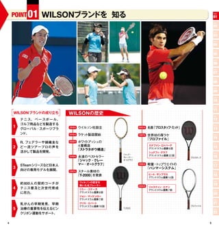 POINT 01      WILSONブランドを 知る                                                                           POINT

                                                                                                           01
                                                                                                           POINT

                                                                                                           02
                                                                                                           POINT

                                                                                                           03
                                                                                                           POINT

                                                                                                           04
                                                                                                           POINT

                                                                                                           05
                                                                                                           POINT

                                                                                                           06
                                                                                                           POINT

                                                                                                           07
                                                                                                           POINT

                                                                                                           08
                                                                                                           POINT

                                                                                                           09
                                                                                                           POINT

                                                                                                           10
                                                                                                           POINT

                                                                                                           11
    WILSON ブランドの成り立ち          WILSONの歴史                                                                    POINT

        テ ニ ス、 ベ ー ス ボ ー ル、                                                                                12
        ゴルフ用品などを製造する
    1                         1914年    ウイルソン社設立                    1983 年   名器「プロスタッ ・ ッ
                                                                                    フ ミ ド」
                                                                                                           POINT

                                                                                                           13
        グローバル・スポーツブラ
        ンド。                            ラケット製造開始
                              1916 年                               1987年     世界初の厚ラケ                       POINT

                                                                            「プロファイル」                       14
        R. フェデラーや錦織圭な         1939年    ホワイ アッ
                                            ト シュの
                                        4 層構造
                                                                                                           POINT
                                                                             ステファン エドバーグ
                                                                                  ・
    2   ど一流ツア ープロの声を                                                         グランドスラム優勝 6 回                 15
                                       「ス  トラタボウ構造」
        活かして製品を開発。                                                           シュテフ ・
                                                                                 ィ グラフ                     POINT
                                                         ジ ッ
                                                          ャ ク・               グランドスラム優勝 22 回
                              1949年     永遠のベス セラー
                                             ト           クレーマー ・                              プロスタ フ
                                                                                                  ッ        16
                                       「ジャック・クレー         オー グラ
                                                           ト フ

                                        マー・オートグラフ」                           軽量・ ッ
                                                                                ト プウエイトの
                                                                                                           POINT
        STeamシリーズなど日本人                                             1990年
                                                                                                           17
    3                                                                       「ハンマーシステム」
        向けの専用モデルを展開。          1967年    スチール素材の                                                             POINT

                                       「T-2000」を発表                           ピー ・サンプラス
                                                                               ト                           18
                                                                             グラン ラム優勝 14 回
                                                                                ドス

                                        ウィルソンの歴史を
                                                                                                           POINT
        約 800 人 の 契 約コーチが                                                                                  19
                                        築いた名プレーヤー                  2004年     ジャスティン・エナン
    4   テニス普及と次世代育成                     ジミー・コナーズ                             グラン ラム優勝 7 回
                                                                                ドス                         POINT
        に尽力。                            グランドスラム優勝 8 回
                                                                                                           20
                                        ジョン・マッケンロー
                                        グランドスラム優勝 7 回                                                      POINT

        乳がんの早期発見、 早期                    クリス・エバート                                                           21
                                        グランドスラム優勝 18 回                                        プロファイル
    5   治療の重要性を伝えるピン                                     T-2000                                            POINT

        クリボン運動をサポート。                                                                                       22

4                                                                                                      5
 