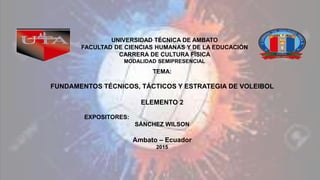 TEMA:
FUNDAMENTOS TÉCNICOS, TÁCTICOS Y ESTRATEGIA DE VOLEIBOL
ELEMENTO 2
EXPOSITORES:
SÁNCHEZ WILSON
Ambato – Ecuador
2015
UNIVERSIDAD TÉCNICA DE AMBATO
FACULTAD DE CIENCIAS HUMANAS Y DE LA EDUCACIÓN
CARRERA DE CULTURA FÍSICA
MODALIDAD SEMIPRESENCIAL
 
