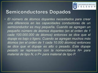 • El número de átomos dopantes necesitados para crear
una diferencia en las capacidades conductoras de un
semiconductor es muy pequeña. Cuando se agregan un
pequeño número de átomos dopantes (en el orden de 1
cada 100.000.000 de átomos) entonces se dice que el
dopaje es bajo o ligero. Cuando se agregan muchos más
átomos (en el orden de 1 cada 10.000 átomos) entonces
se dice que el dopaje es alto o pesado. Este dopaje
pesado se representa con la nomenclatura N+ para
material de tipo N, o P+ para material de tipo P.
 