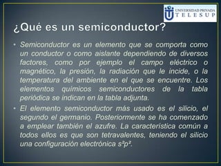 • Semiconductor es un elemento que se comporta como
un conductor o como aislante dependiendo de diversos
factores, como por ejemplo el campo eléctrico o
magnético, la presión, la radiación que le incide, o la
temperatura del ambiente en el que se encuentre. Los
elementos químicos semiconductores de la tabla
periódica se indican en la tabla adjunta.
• El elemento semiconductor más usado es el silicio, el
segundo el germanio. Posteriormente se ha comenzado
a emplear también el azufre. La característica común a
todos ellos es que son tetravalentes, teniendo el silicio
una configuración electrónica s²p².
 