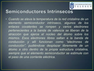 • Cuando se eleva la temperatura de la red cristalina de un
elemento semiconductor intrínseco, algunos de los
enlaces covalentes se rompen y varios electrones
pertenecientes a la banda de valencia se liberan de la
atracción que ejerce el núcleo del átomo sobre los
mismos. Esos electrones libres saltan a la banda de
conducción y allí funcionan como “electrones de
conducción”, pudiéndose desplazar libremente de un
átomo a otro dentro de la propia estructura cristalina,
siempre que el elemento semiconductor se estimule con
el paso de una corriente eléctrica.
 