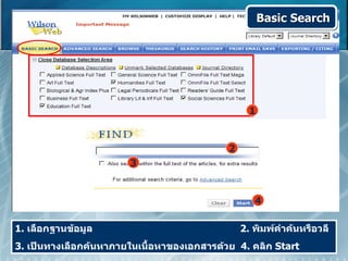 Basic Search




                                                 1


                                           2
                       3


                                                  4

1. เลือกฐานข้อมูล                              2. พิมพ์คำาค้นหรือวลี
3. เป็นทางเลือกค้นหาภายในเนือหาของเอกสารด้วย 4. คลิก Start
                            ้
 