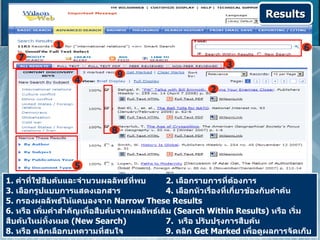 Results

             1                                                                    6
   7
                                                             3
                              9
                   4
                                                        2



                             8


                   5
1. คำาที่ใช้สบค้นและจำานวนผลลัพธ์ที่พบ
             ื                                2. เลือกรายการที่ตองการ
                                                                    ้
3. เลือกรูปแบบการแสดงเอกสาร                   4. เลือกหัวเรื่องที่เกี่ยวข้องกับคำาค้น
5. กรองผลลัพธ์ให้แคบลงจาก Narrow These Results
6. หรือ เพิ่มคำาสำาคัญเพื่อสืบค้นจากผลลัพธ์เดิม (Search Within Results) หรือ เริ่ม
สืบค้นใหม่ทั้งหมด (New Search)                7. หรือ ปรับปรุงการสืบค้น
8. หรือ คลิกเลือกบทความทีสนใจ ่               9. คลิก Get Marked เพื่อดูผลการจัดเก็บ
 