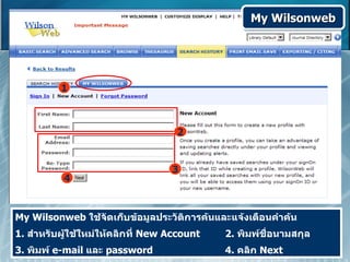 My Wilsonweb




          1



                                    2


                                   3
           4



My Wilsonweb ใช้จัดเก็บข้อมูลประวัติการค้นและแจ้งเตือนคำาค้น
1. สำาหรับผู้ใช้ใหม่ให้คลิกที่ New Account   2. พิมพ์ชื่อนามสกุล
3. พิมพ์ e-mail และ password                 4. คลิก Next
 