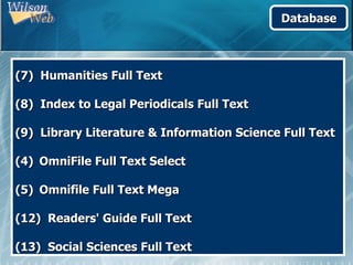 Database



(7) Humanities Full Text

(8) Index to Legal Periodicals Full Text

(9) Library Literature & Information Science Full Text

(4) OmniFile Full Text Select

(5) Omnifile Full Text Mega

(12) Readers' Guide Full Text

(13) Social Sciences Full Text
 