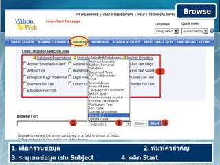 Browse




                                                    1




                     2          3                       4



1. เลือกฐานข้อมูล                          2. พิมพ์คำาสำาคัญ
3. ระบุเขตข้อมูล เช่น Subject       4. คลิก Start
 