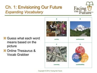 Ch. 1: Envisioning Our Future
 Expanding Vocabulary




 Guess what each word
  means based on the
  picture
 Online Thesaurus &
  Vocab Grabber



                    Copyright © 2010, Facing the Future
 