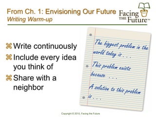 From Ch. 1: Envisioning Our Future
Writing Warm-up



 Write continuously
 Include every idea
  you think of
 Share with a
  neighbor


                  Copyright © 2010, Facing the Future
 