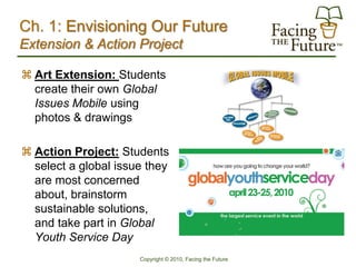Ch. 1: Envisioning Our Future
Extension & Action Project

 Art Extension: Students
  create their own Global
  Issues Mobile using
  photos & drawings

 Action Project: Students
  select a global issue they
  are most concerned
  about, brainstorm
  sustainable solutions,
  and take part in Global
  Youth Service Day
                      Copyright © 2010, Facing the Future
 