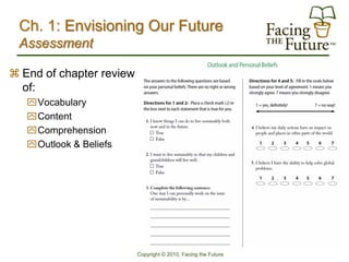 Ch. 1: Envisioning Our Future
 Assessment

 End of chapter review
  of:
   Vocabulary
   Content
   Comprehension
   Outlook & Beliefs




                          Copyright © 2010, Facing the Future
 
