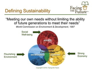 Defining Sustainability
 “Meeting our own needs without limiting the ability
     of future generations to meet their needs”
          World Commission on Environment & Development, 1987

               Social
               Well-being




                                  Sustainable
                                  Communities                     Strong
Flourishing
Environment                                                       Economy



                            Copyright © 2010, Facing the Future
 