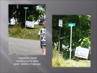 Vegetation needs maintenance to allow  good  visibility of signage. 