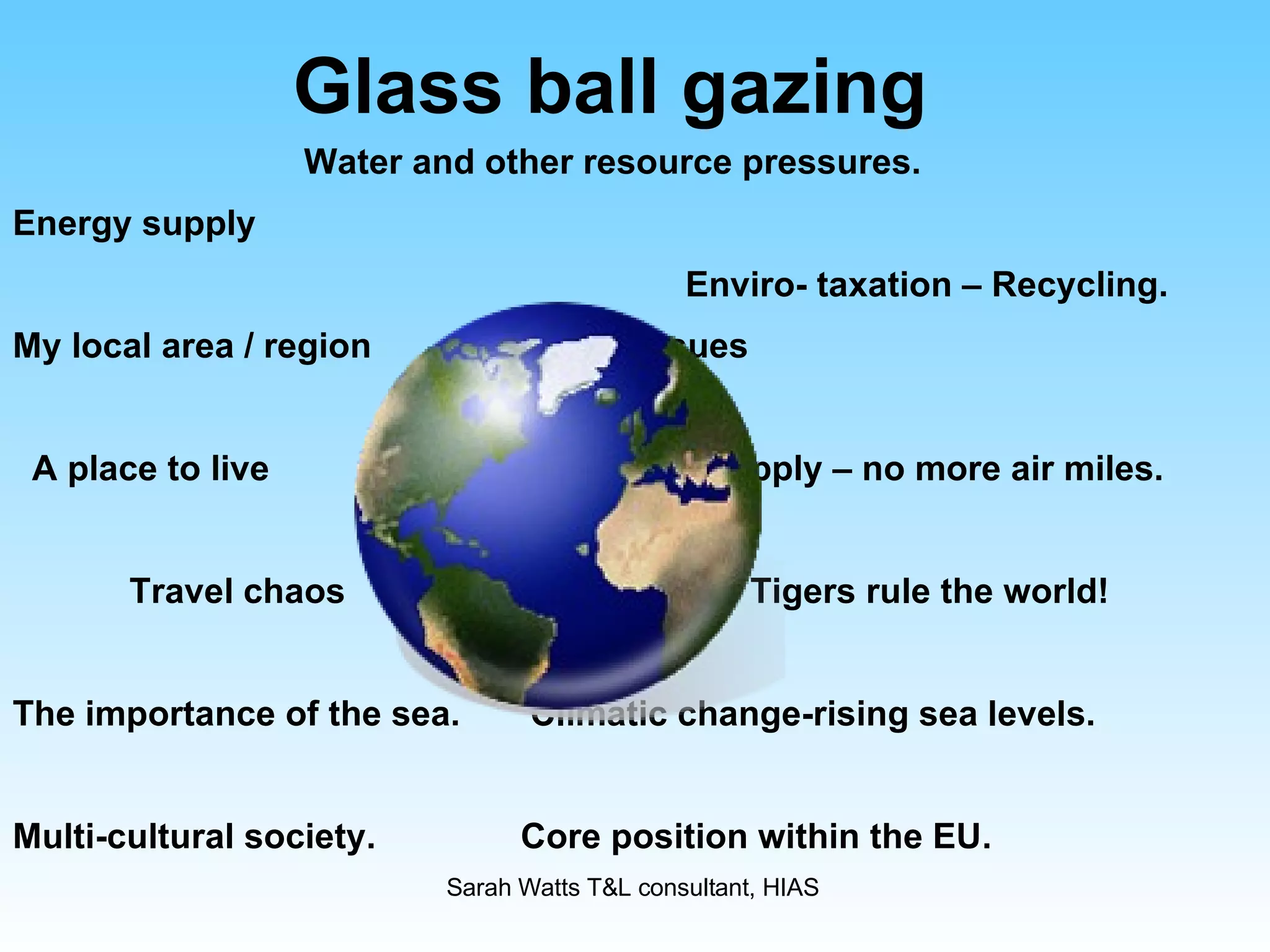 Water and other resource pressures. Energy supply   Enviro- taxation – Recycling. My local area / region  Health issues  A place to live  Local food supply – no more air miles. Travel chaos    What when the Tigers rule the world!  The importance of the sea.  Climatic change-rising sea levels. Multi-cultural society. Core position within the EU. Glass ball gazing 