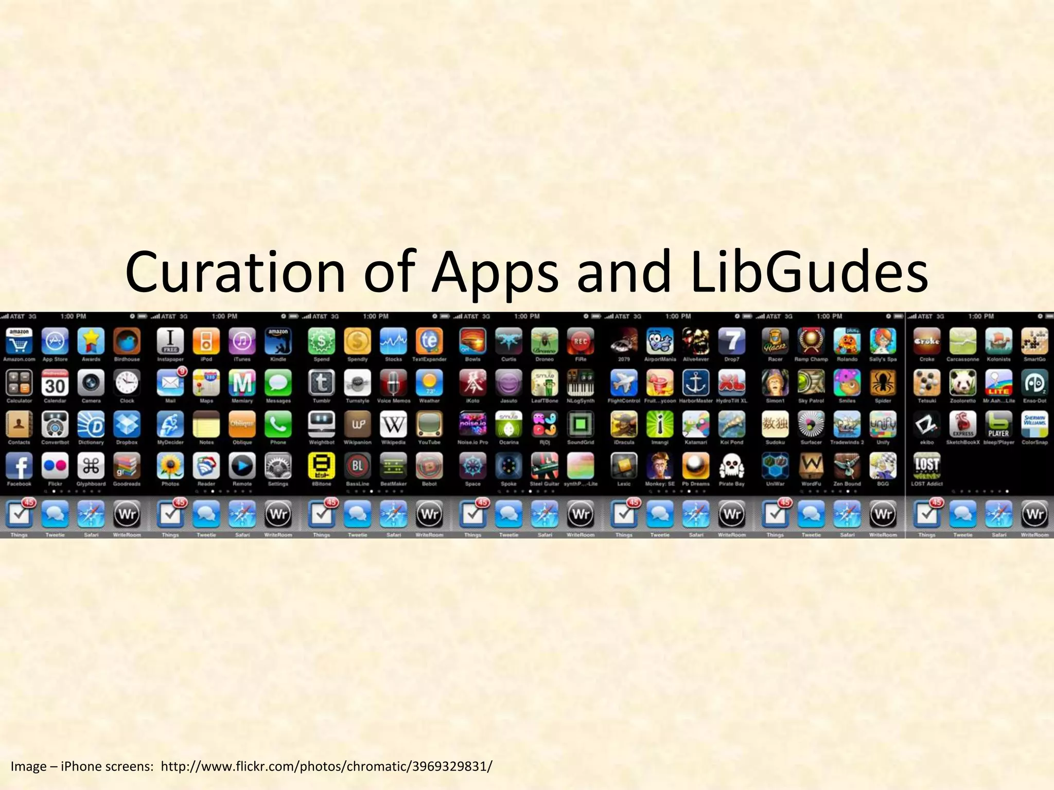 Curation of Apps and LibGudesImage – iPhone screens:  http://www.flickr.com/photos/chromatic/3969329831/